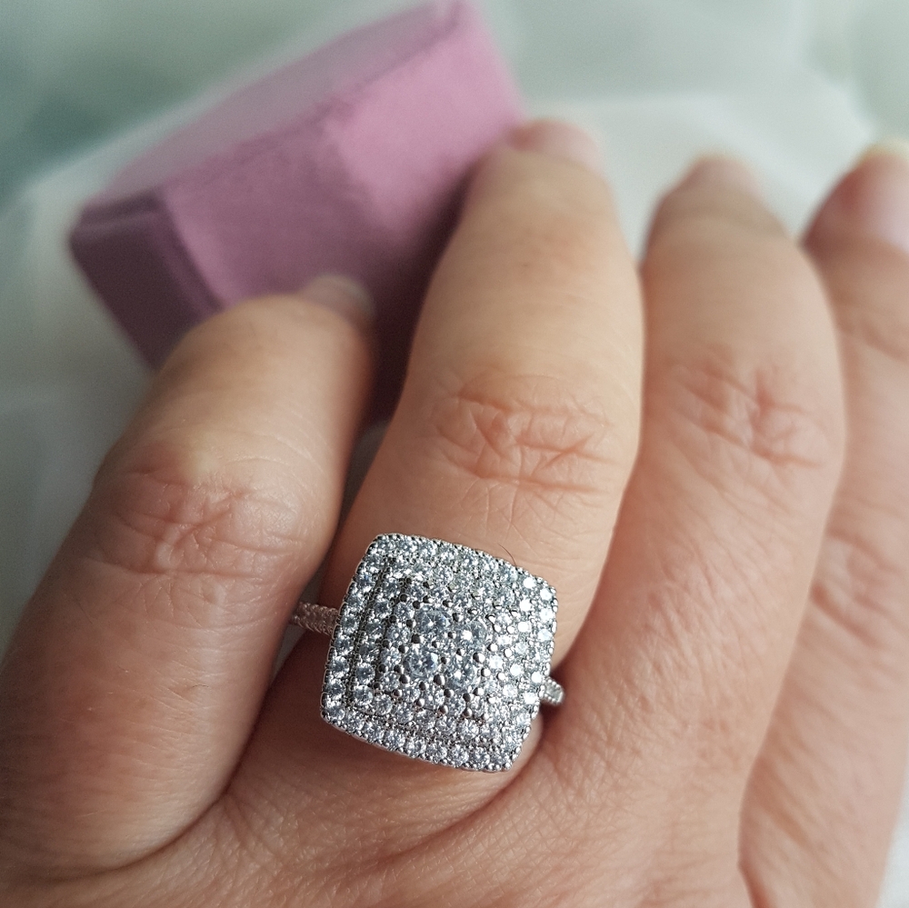 Swarovski Elements 925 Sterling Silver Square Pave Ring NEW